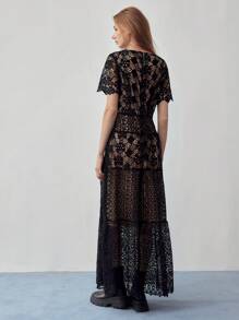MOTF STUDIO GUIPURE LACE RUFFLE HEM DRESS - Black - View 4