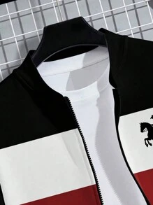 Manfinity Dauomo Plus Size Men's Knighthood Printed Contrast Color Zipper Front Casual Hoodie Sweatshirt - Multicolor - View 4