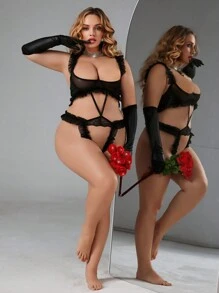 Plus Size Sexy Floral Lace Ruffle Edge Cupless Teddy Lingerie, Ultra Sexy For Valentine's Day