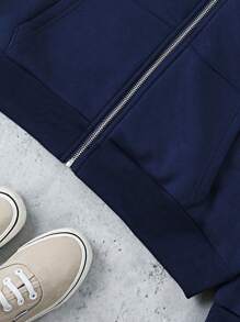 SHEIN Manfinity Dauomo Áo khoác trùm đầu tay dài có khóa kéo phía trước dành cho nam, mặc thường ngày - Màu xanh hải quân - Xem 7