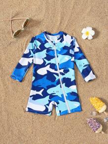 SHEIN 男婴拉链长袖合身海滩度假泳衣 - 彩色 - 查看 1