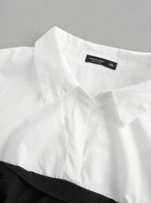 SHEIN EZwear Plus Size Solid Color Button Placket Long Sleeve Simple Casual Short Dress - Black and White - View 4