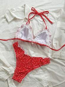 Soleia 2 件女士波尔卡圆点印花荷叶边吊带比基尼套装，带装饰蝴蝶结，海滩度假，情人节，女士泳衣，情人节服装，女士度假装，女士沙滩装