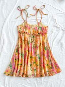 Soleia 编织印花细肩带女式迷你连衣裙休闲装度假网纱连衣裙女式春季服装碎花连衣裙女式太阳裙 - 黃色 - 查看 2