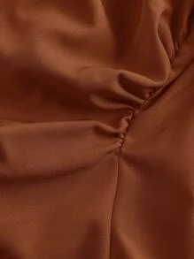 SHEIN MOD Plus Size Women V-Collar Ruffle Flared Sleeve Blouse, Waist Cinched, Brown Long Sleeve Shirt, Clothes, Button Down Blouse, Concert Women, Halloween Clothes, Airport Women's - Brown - View 4