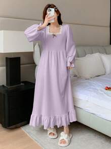 DAZY Sweet Textured Fabric Lace Patchwork Square Neck Ruffle Hem Nightgown - Purple - View 5