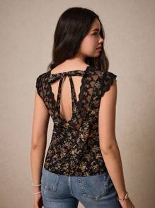 Poéselle Floral Print Lace Panel Blouse Summer Tops Vacation Clothes - Black - View 5