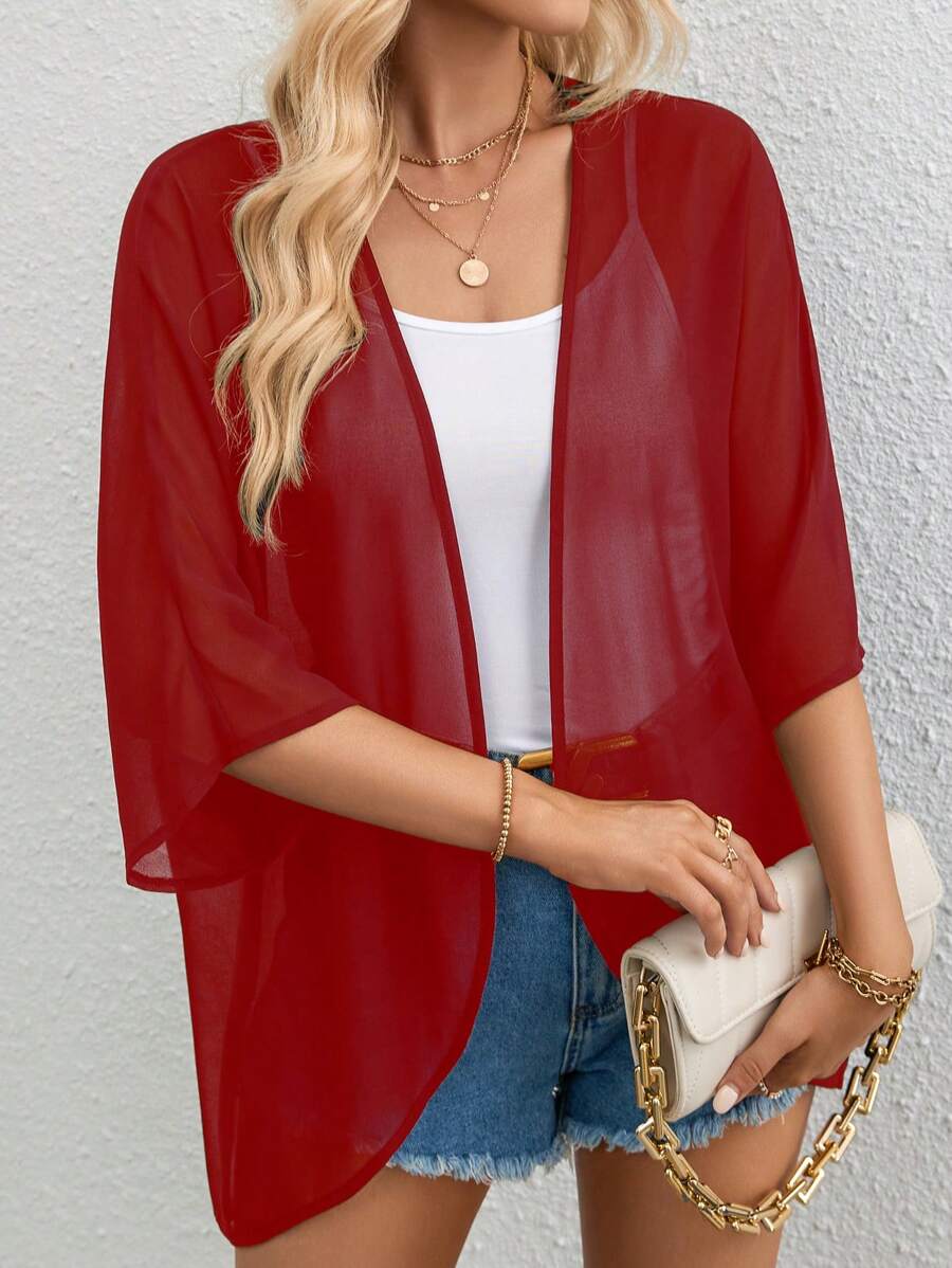 SHEIN Essnce Casual Solid Color Sheer Batwing Sleeve Jacket - Red - View 1