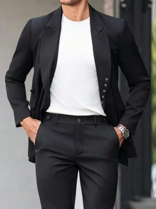 Calvornis 男士商务通勤风，INS搭配单品：时尚黑色西装外套，衣领采用金属环设计，门襟不对称，单粒扣