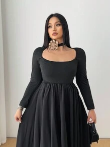 Celure Plus Size Casual Fitted Long Dress, French Style, Minimalist & Fashionable, Suitable For Daily Wear