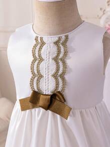 Rochie de prințesă albă cu decor elegant din dantelă cu volane pentru fetițe, potrivită pentru festivaluri, adunări, petreceri, vară