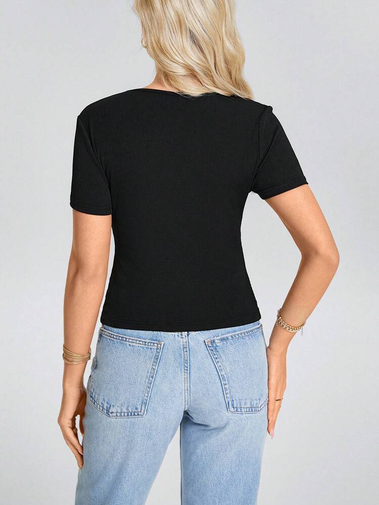 SHEIN LUNE 女士 3D 花卉印花圆领短袖修身休闲 T 恤 - 黑色 - 查看 6