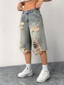 SHEIN ICON 女式做旧低腰洗水破洞牛仔裤 - 中等水洗藍 - 查看 4