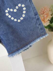 SHEIN 2 peças/conjunto de camisa elegante para meninas, azul claro, floral, bordado, gola babada, manga bufante, combinada com shorts jeans com estampa de coração, verão - Baby Azul - Ver 3