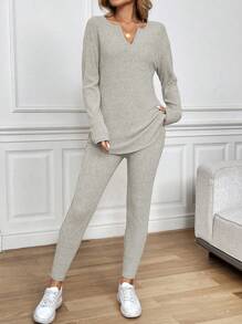 SHEIN LUNE 2 件套女士长袖 T 恤和紧身打底裤，毛茸茸罗纹粉色两件套，秋冬 - 杏色 - 查看 3