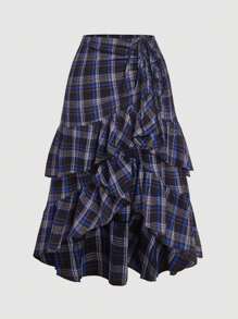 SHEIN MOD Falda asimétrica de múltiples capas con volantes, cordón y estampado de cuadros para tallas grandes