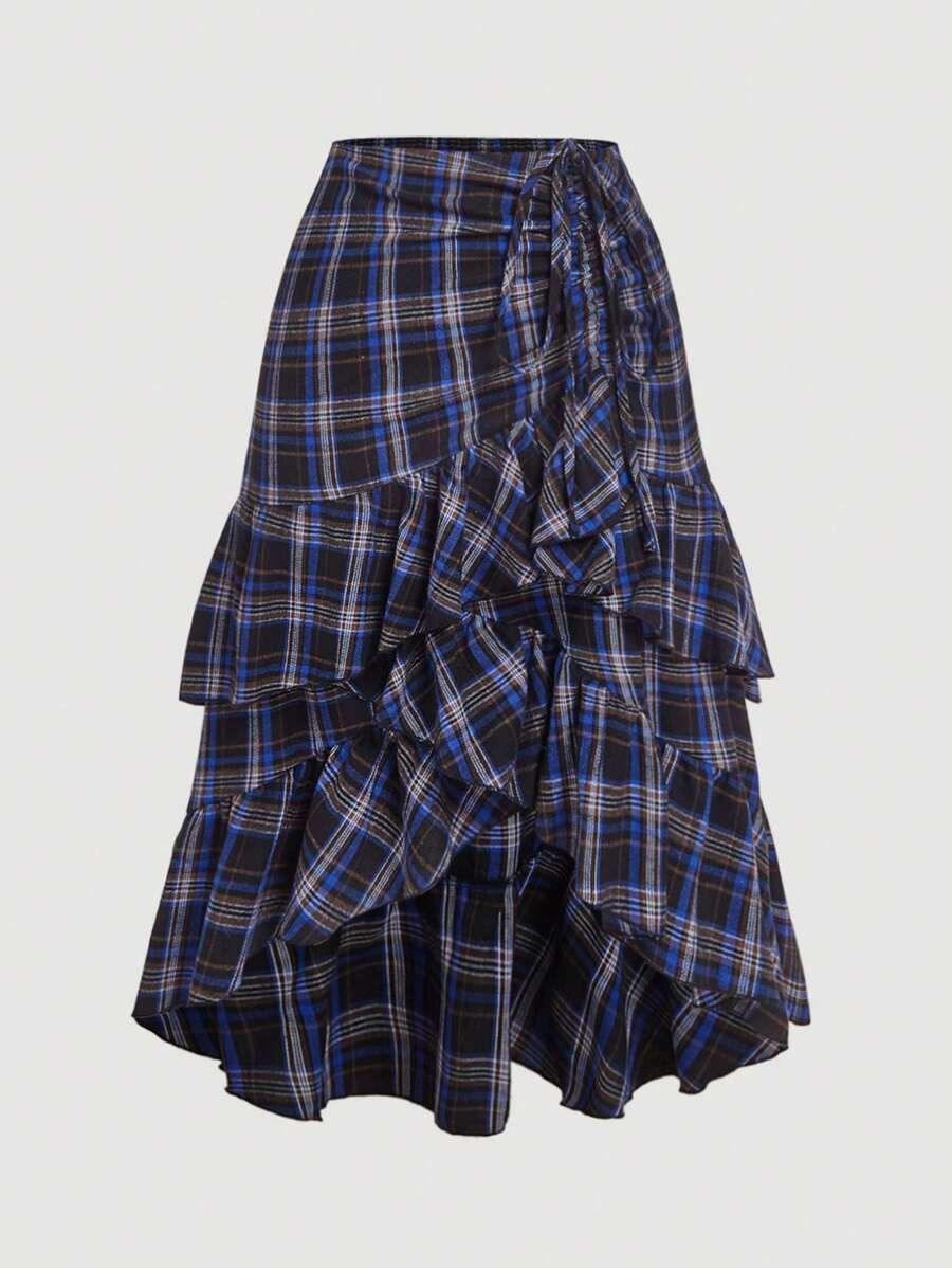 SHEIN MOD Falda asimétrica de múltiples capas con volantes, cordón y estampado de cuadros para tallas grandes