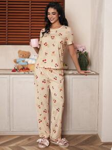 Romantic Girl Cherry Heart Bow Print Crew Neck Short Sleeve Pajamas Set - Apricot - View 4