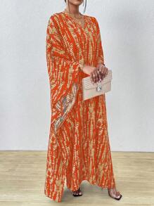 SHEIN Clasi 女士条纹蝙蝠袖 V 领开衩长衬衫罩衫连衣裙长款女装 - 橘色 - 查看 3