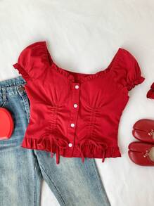 Comfortcana Women's Solid Color Ruffled Short Puff Sleeve Single-Breasted Drawstring Blouse, Valentine's Day Gifts