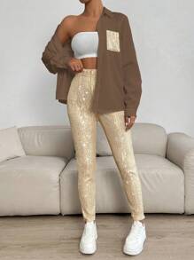 SHEIN LUNE 2pcs Women Set - Solid Color Front Button Long Sleeve Top & Pants Fall Cloth For Women - Khaki - View 4