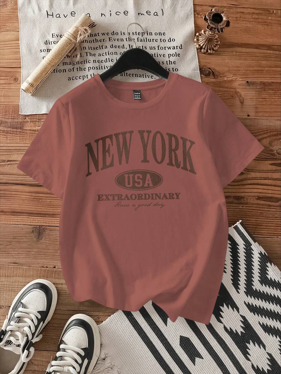 SHEIN EZwear 休闲纽约图案宽松圆领短袖棉质 T 恤女款，适合夏季 - 藕粉色 - 查看 1