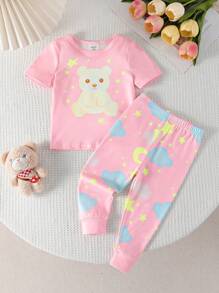 2 件装婴儿/女婴可爱动物印花短袖连体衣和裤子睡衣套装