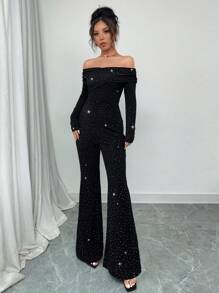 Elenzga 黑色露肩优雅简约修身连体裤，适合约会、聚会、春季 - 黑色 - 查看 5