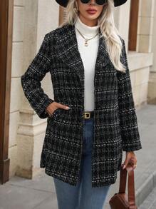 Chiquease 格纹印花翻领单排扣口袋厚花呢面料长袖外套