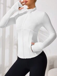 Women's Solid Color Long Sleeve Zip Front Casual Sports Jacket - White - View 4