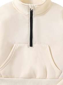 SHEIN Tween Girl Half-Placket Contrast Zipper Stand Collar Ribbed Cuff & Hem Sweatshirt & Leggings Set - Apricot - View 6