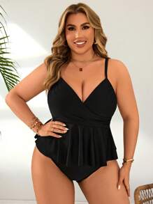 SHEIN Swim Lushore Plus Size Women 2pcs Solid Color Cross Ruffle Hem Hem Split Side Tankini Set, For Summer Beach Vacation - Black - View 4