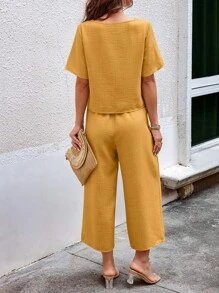 SHEIN LUNE Conjunto de 2 piezas para mujer con mangas cortas y diseño patchwork de estilo bohemio