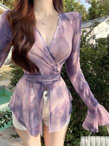 DAZY Women V-Neck Long Flare Sleeve Top - Pink - View 1