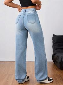 SHEIN Tall 女式高腰男友风做旧浅蓝色水洗 Y2K 牛仔裤 - 藍色 - 查看 2