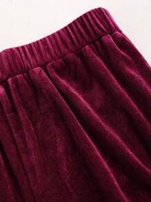 Sweetra Elegant Women's Velvet Deep V-Neck Top And Fitted Wide Leg Pants Set - Red - View 4