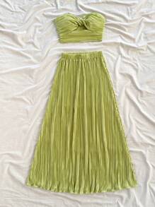 Soleia Bộ 2 món/Bộ Áo ống xếp ly màu xanh lá cây & Váy dài Bộ đồ đi biển ngày lễ, Trang phục hai mảnh mùa hè, Áo crop top, Kỳ nghỉ, Lễ hội âm nhạc, Phong cách Bohemian, Ngày lễ, Trà chiều - màu xanh lá - Xem 5