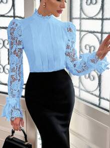 Blusa elegante de talla grande con encaje, parches, pliegues, ajustada, calada y cuello con volantes, para primavera/otoño - Celeste - Ver 7