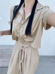 DAZY 女士休闲通勤纯色短袖衬衫和裤子两件套家居服套装