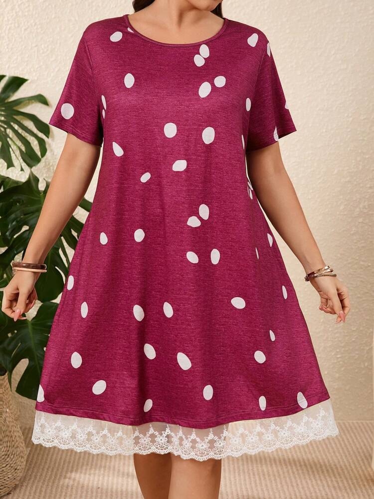 Plus Size Women Polka Dot Print Contrast Lace Short Sleeve Casual Vacation Dress,Summer Dresses For Women,St Patrick Day Outfit,Summer Outfits For Women,Vacation Outfits Woman
