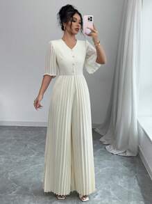Elenzga Bộ đồ liền thân xếp ly cổ chữ V thanh lịch cho nữ - Màu be - Xem 7