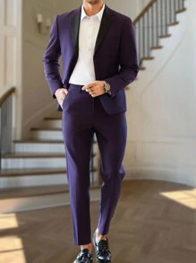 Manfinity Bizformal 男士翻领长袖紫色西装外套和裤子套装，商务旅行装