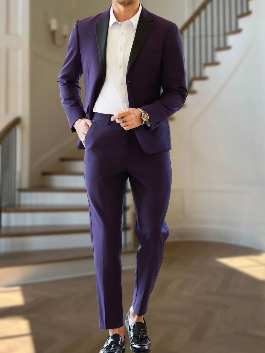 Manfinity Bizformal 男士翻领长袖紫色西装外套和裤子套装，商务旅行装