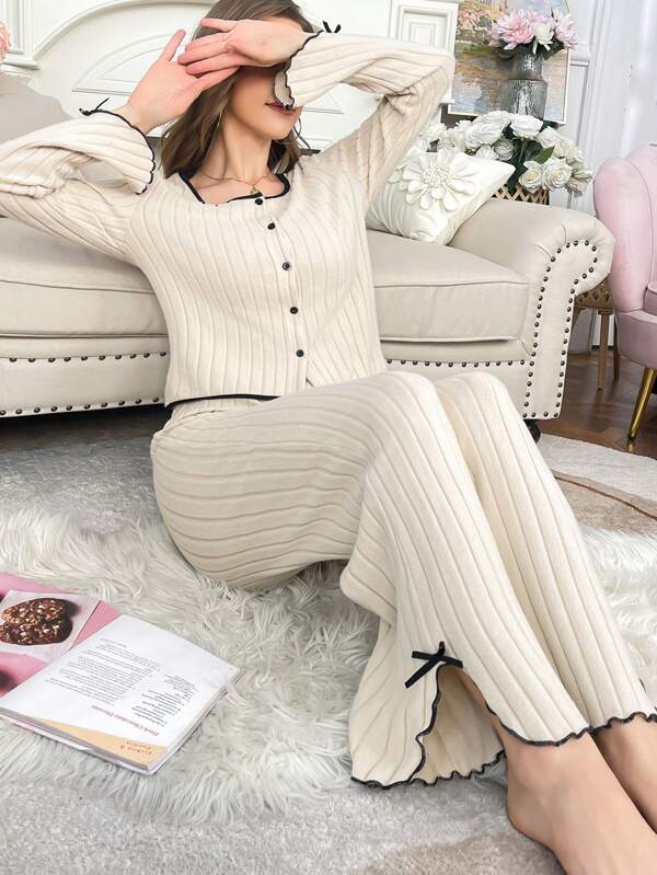 Women Casual Plush Long Sleeve Top & Pants Lounge Set Cozy And Elegant Details, Fall Winter Clothes Outfit