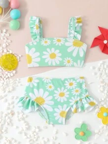 SHEIN 2pcs Newborn Baby Cute Printed Floral Shoulder Strap & Ruffled Bottoms Swimsuit Set - Multicolor - View 5