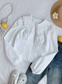 Comfortcana 大码女式优雅刺绣单排扣荷叶边领灯笼袖衬衫，秋冬