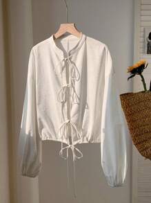 SHEIN EZwear Casual effen damesoverhemd met lantaarnmouwen en strik aan de voorkant voor de herfst