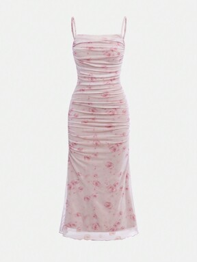 SHEIN Girlism Teen Girl Summer Elegant Floral Print Mesh Ruffle Cami Dress,Summer Dress Graduation Dress