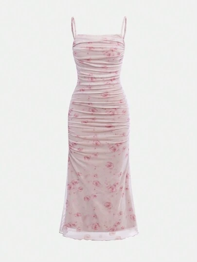 SHEIN Girlism Teen Girl Summer Elegant Floral Print Mesh Ruffle Cami Dress,Summer Dress Graduation Dress