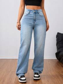 SHEIN Tall 女式高腰男友风做旧浅蓝色水洗 Y2K 牛仔裤 - 藍色 - 查看 5